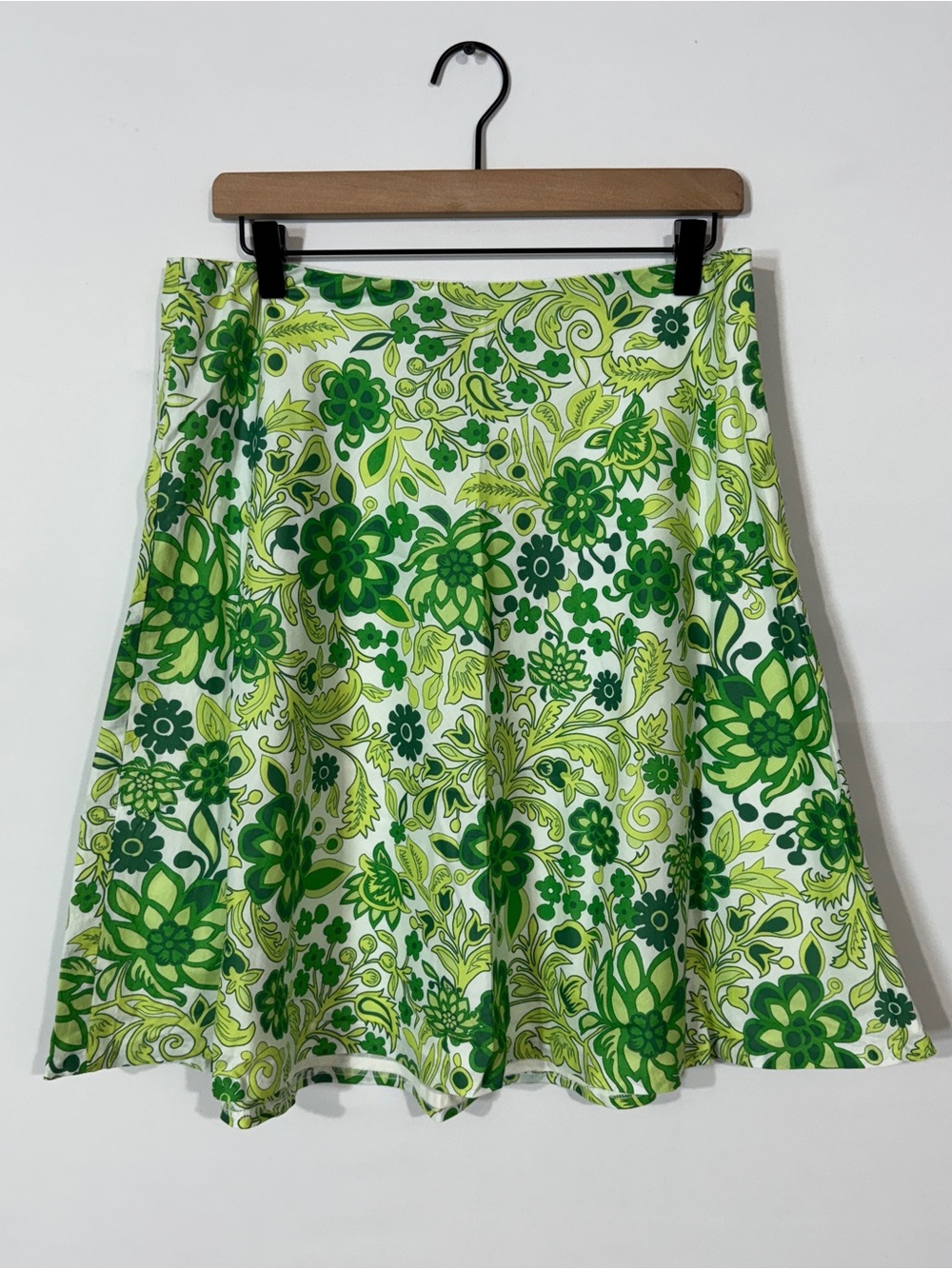 WSK7 {GAP} Green White Floral Cotton Full A-Line Above Knee Skirt